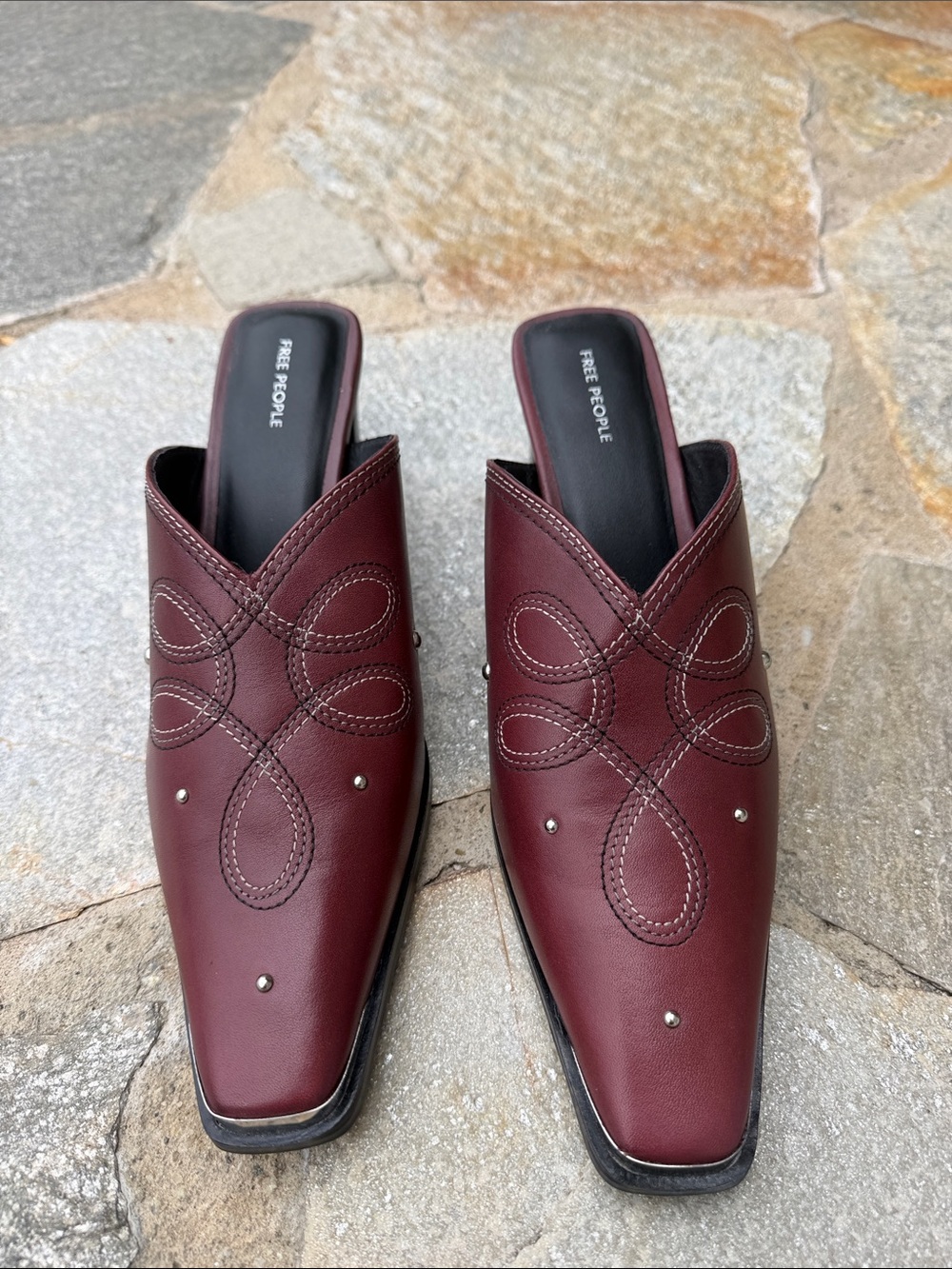 Free People Wine Burgundy Leather Slip-On Mules